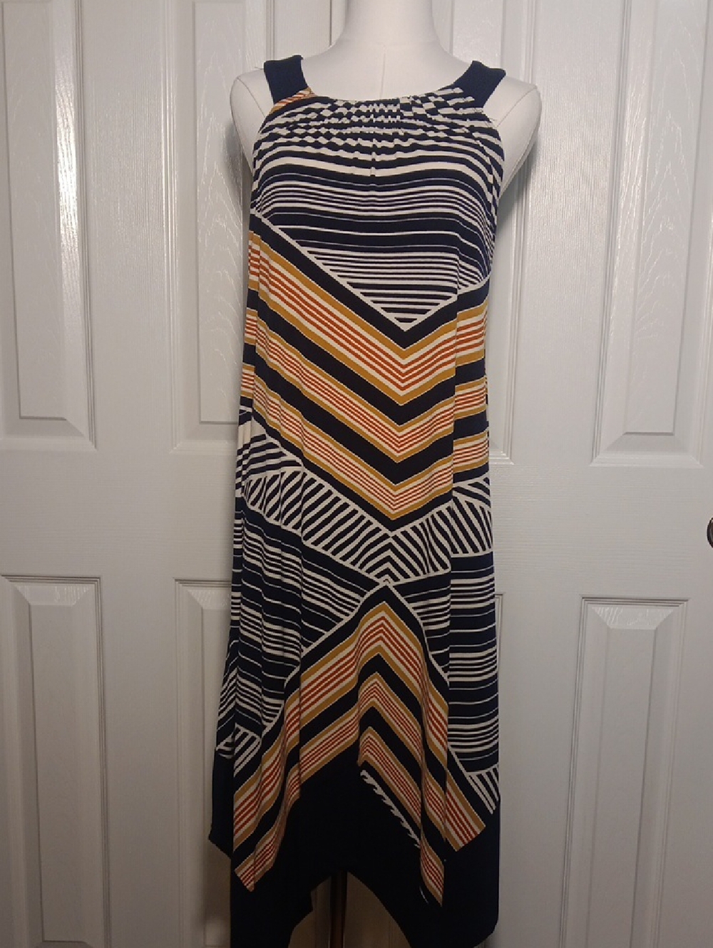 Enfocus Studio Navy, White & Mustard Striped Maxi Dress